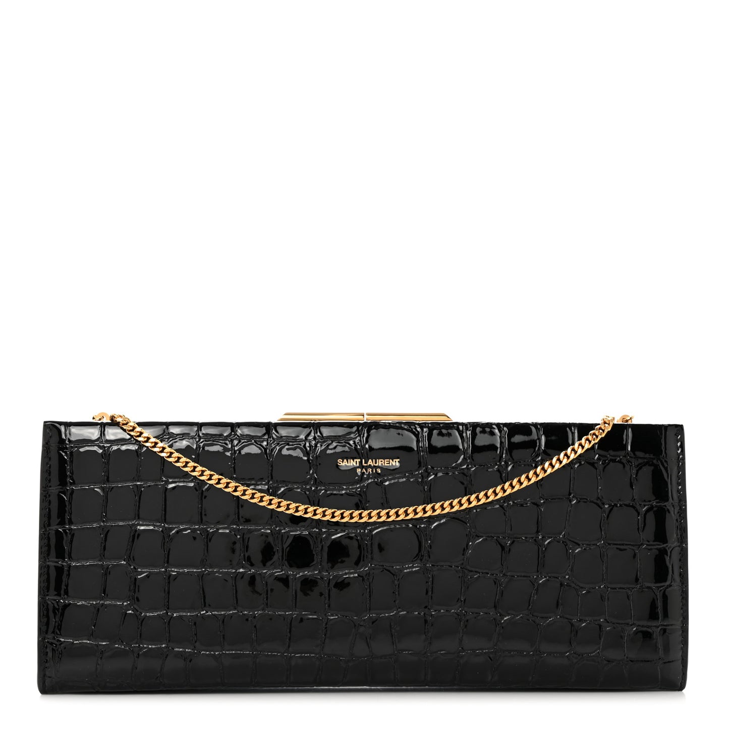 Lacquered Calfskin Crocodile Embossed Small Midnight Clutch Black