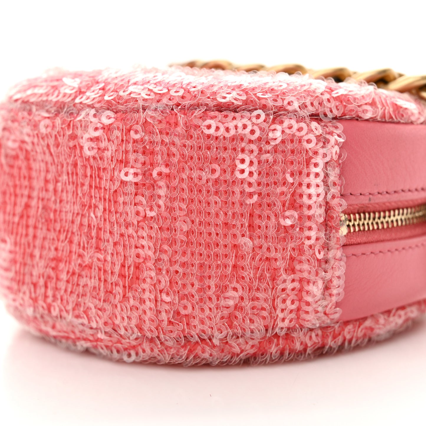 Sequin Chanel 19 Round Clutch With Chain Coral