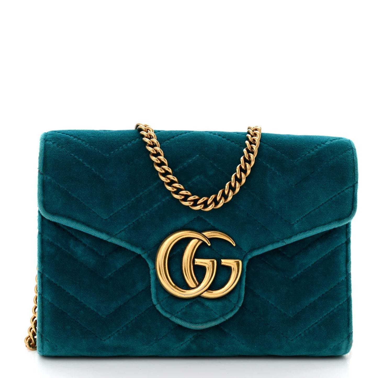 Velvet Matelasse GG Marmont Chain Wallet Pavone Cyan