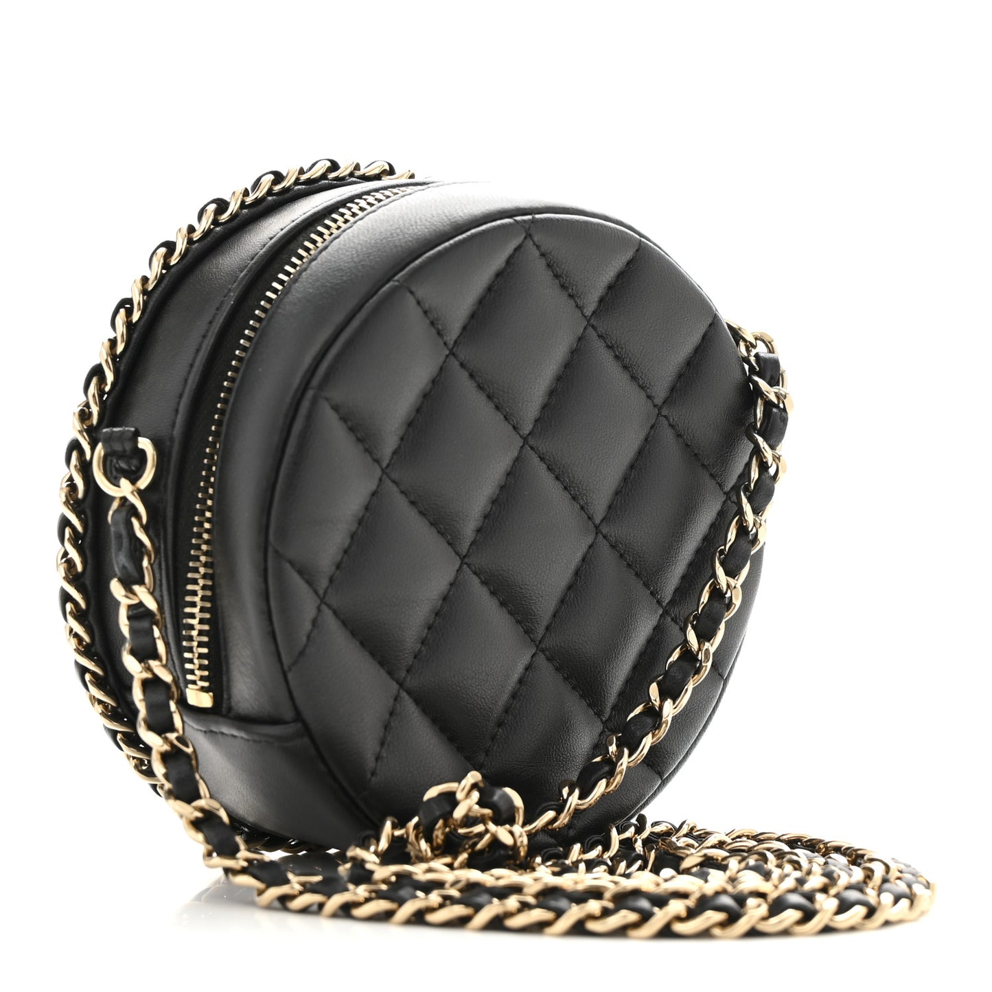 Lambskin Quilted Chain Around CC Round Clutch With Chain Black