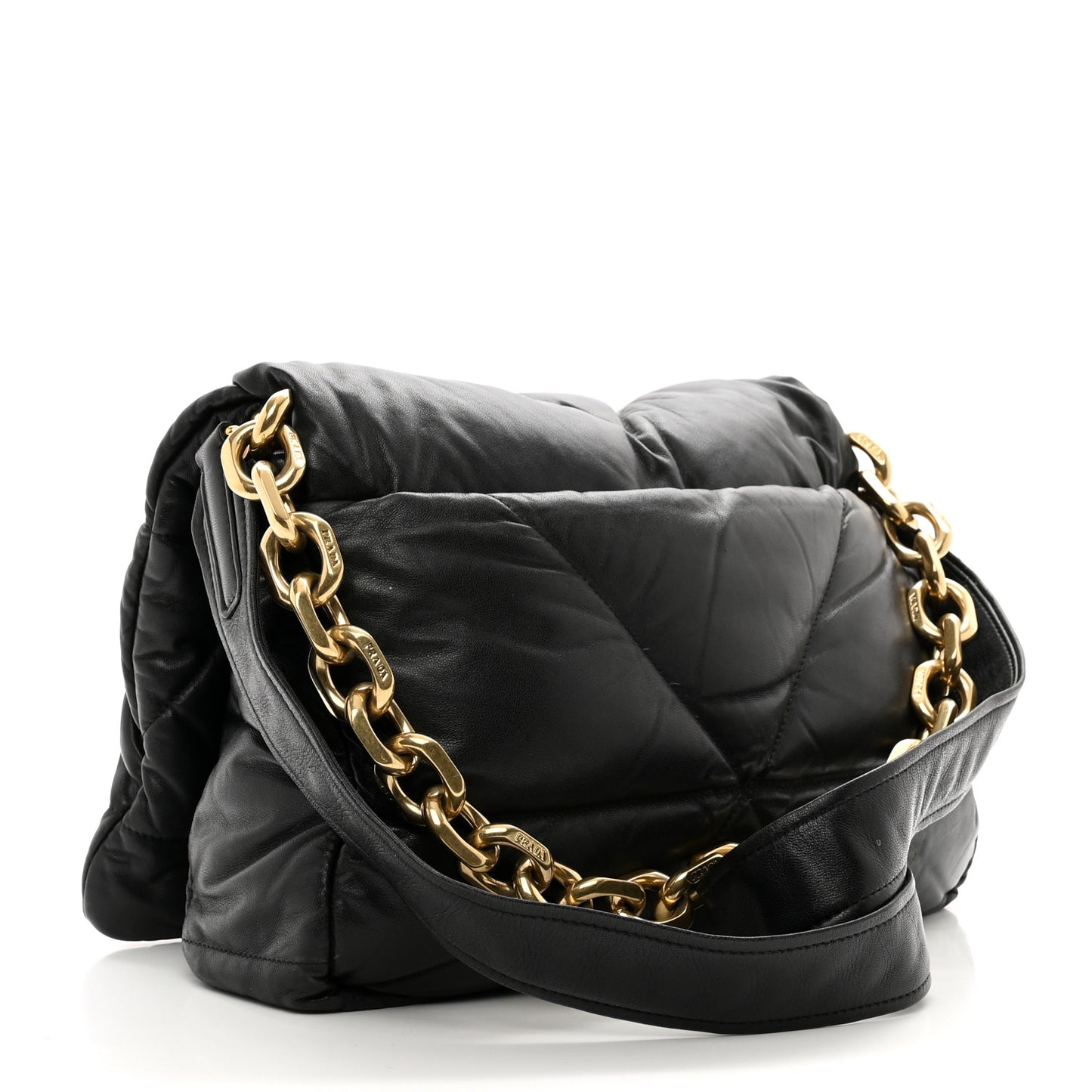 Nappa Soft Padded Logo Embossed Triangle Quilted Shoulder Bag Black