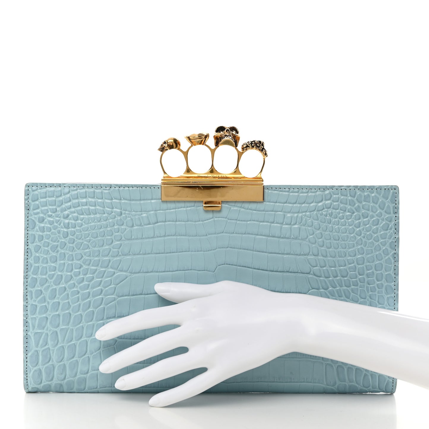 ALEXANDER MCQUEEN Calfskin Crocodile Embossed Knuckle Flat Clutch Light Blue