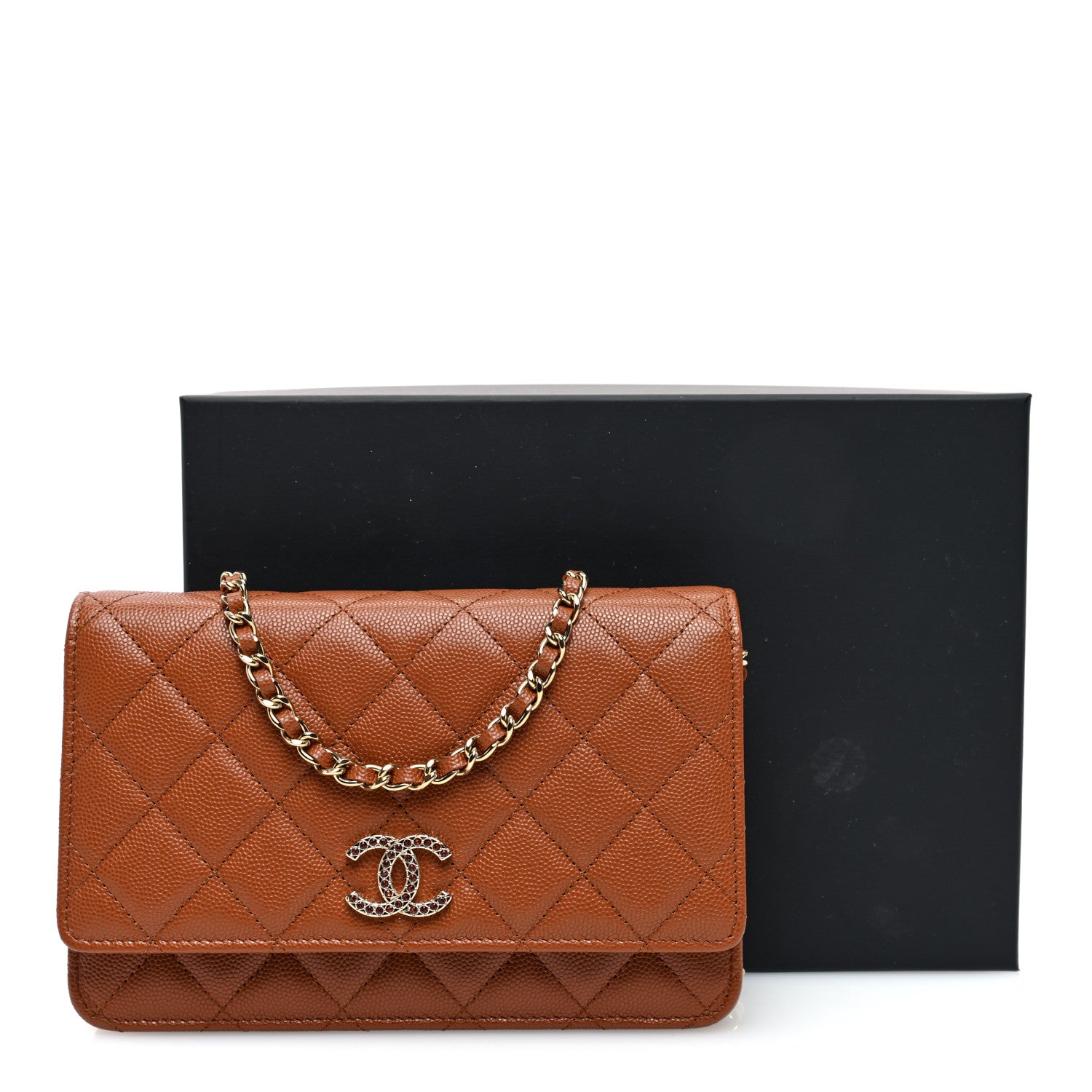 Chanel Shiny Caviar Quilted Strass Wallet On Chain WOC Light Brown 11 of 11