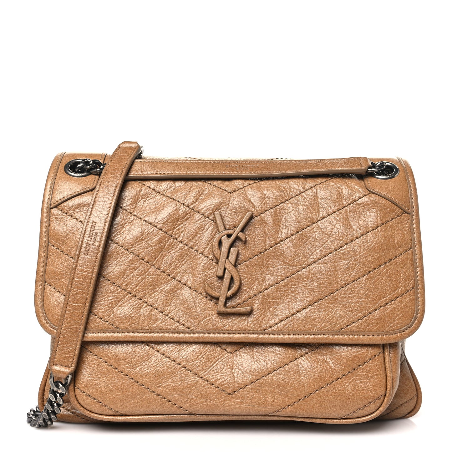 Crinkled Calfskin Matelasse Monogram Medium Niki Chain Satchel Natural Tan