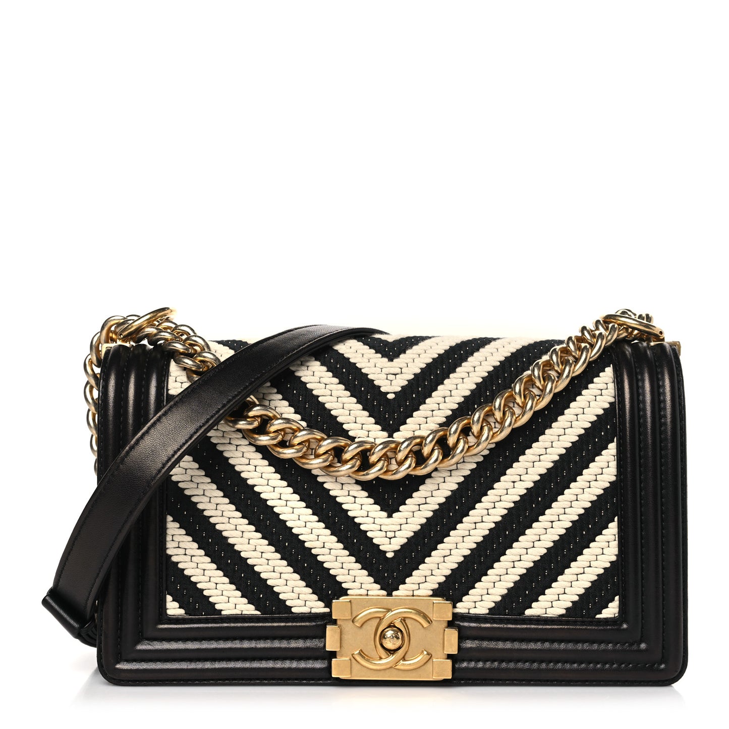Fabric Chevron Braided Medium Boy Flap Black White