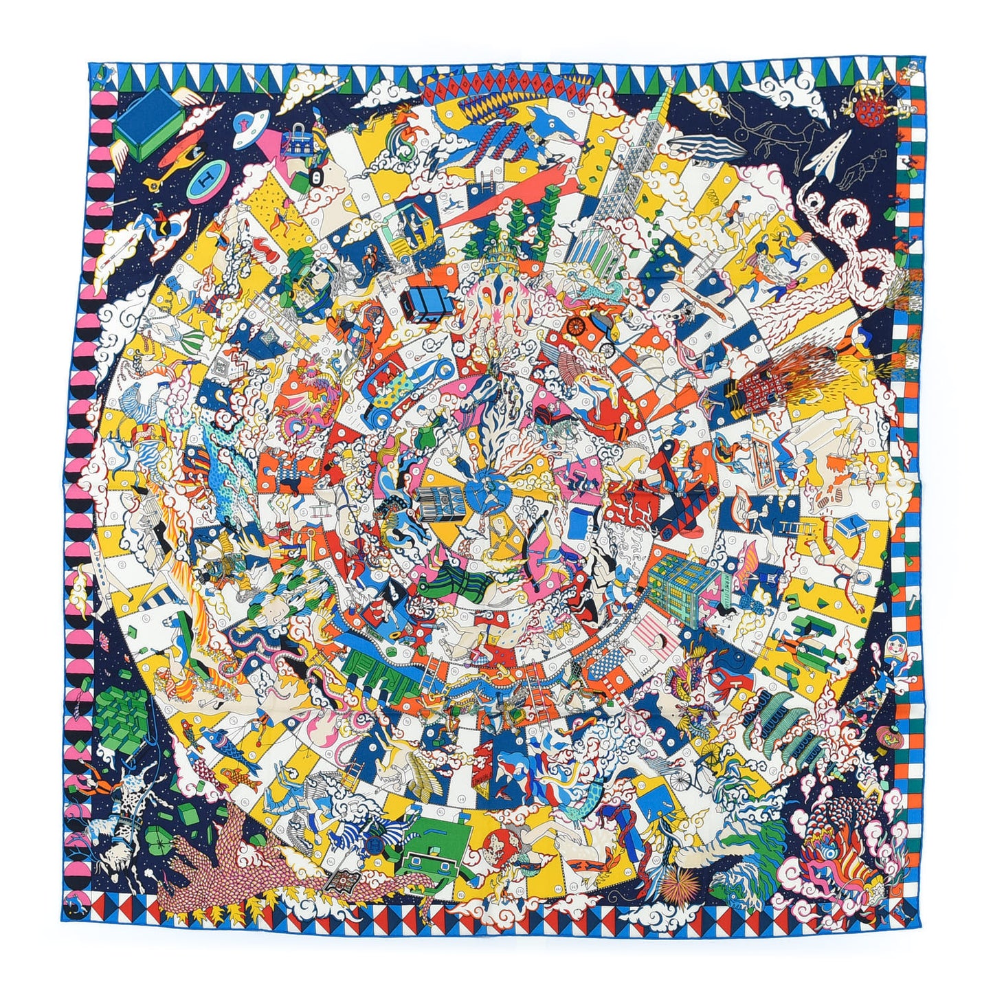 Cashmere Silk L'Epopee D'Hermes Shawl 140 Bleu Jaune Multicolore