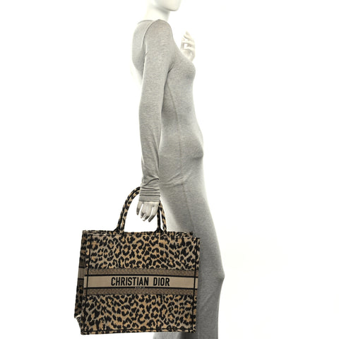 Canvas Mizza Embroidered Large Leopard Book Tote Beige