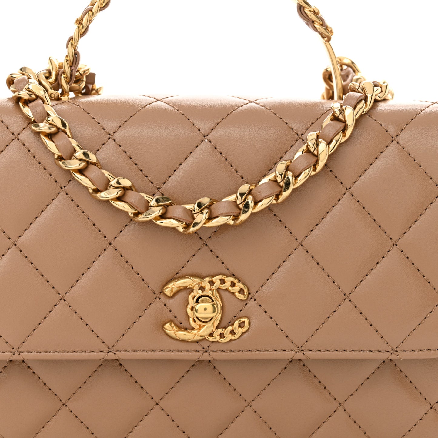 Shiny Calfskin Quilted Small Metal Chain Top Handle Flap Beige