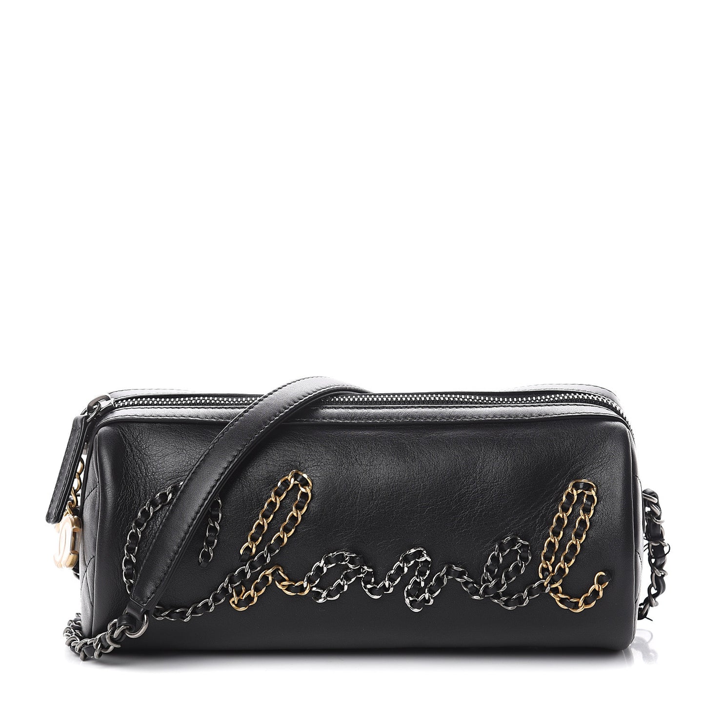 Calfskin Chain Signature Bowling Bag Black