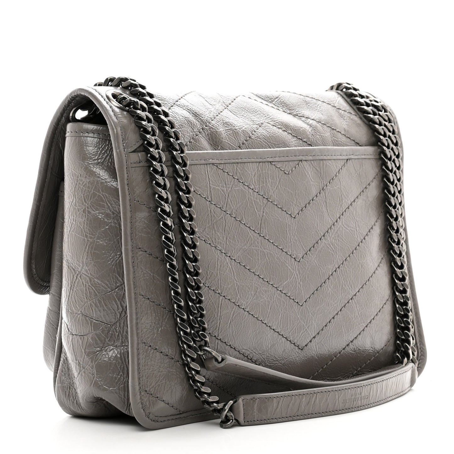 Crinkled Calfskin Matelasse Monogram Medium Niki Chain Satchel Fog