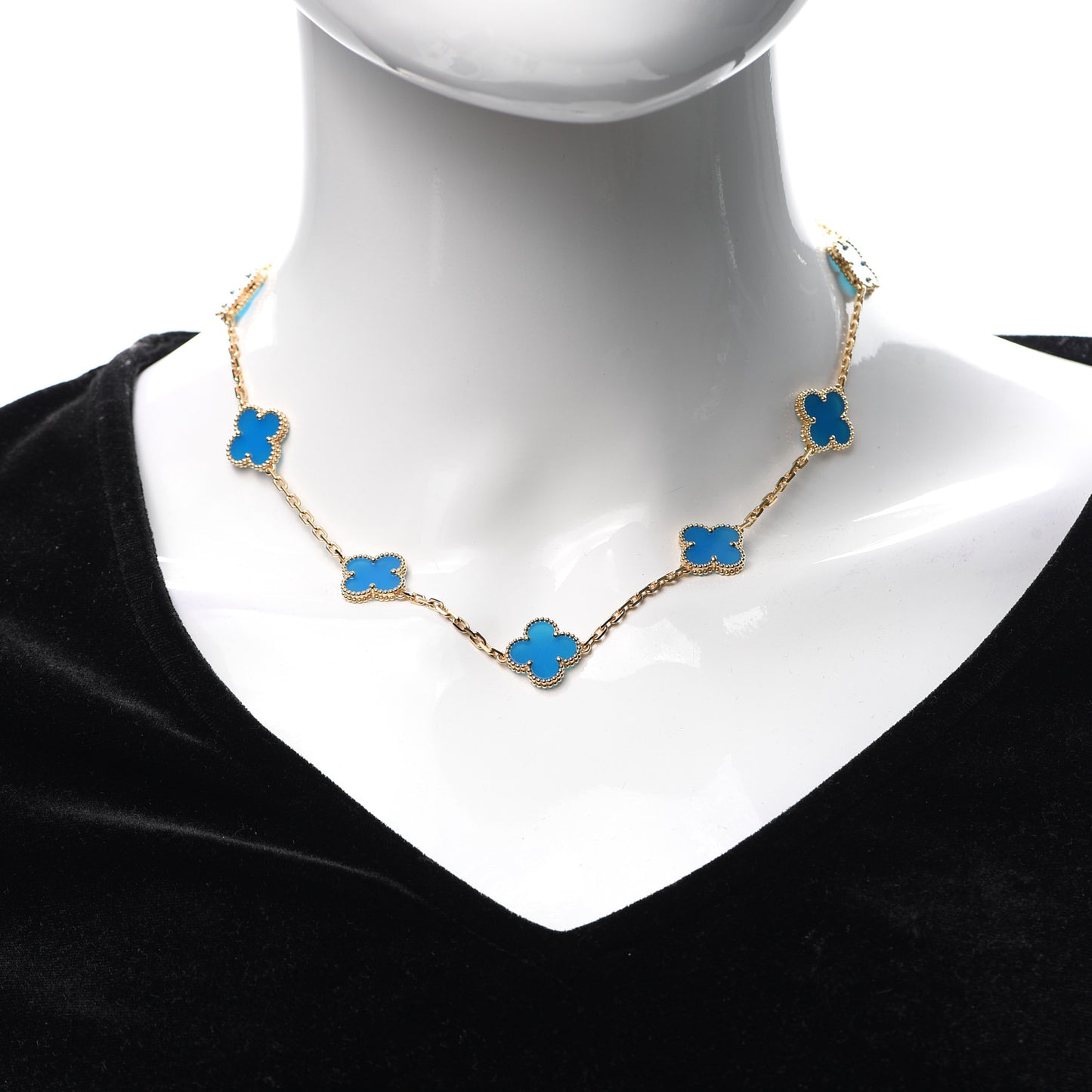 18K Yellow Gold Blue Agate 10 Motifs Vintage Alhambra Necklace
