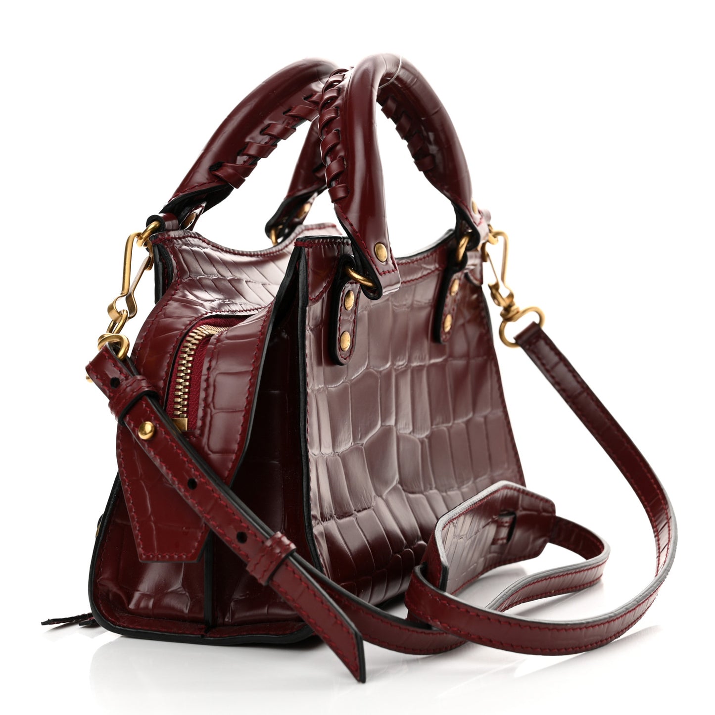 Semi Shiny Calfskin Crocodile Embossed Neo Classic Gold Hardware Mini City Dark Red