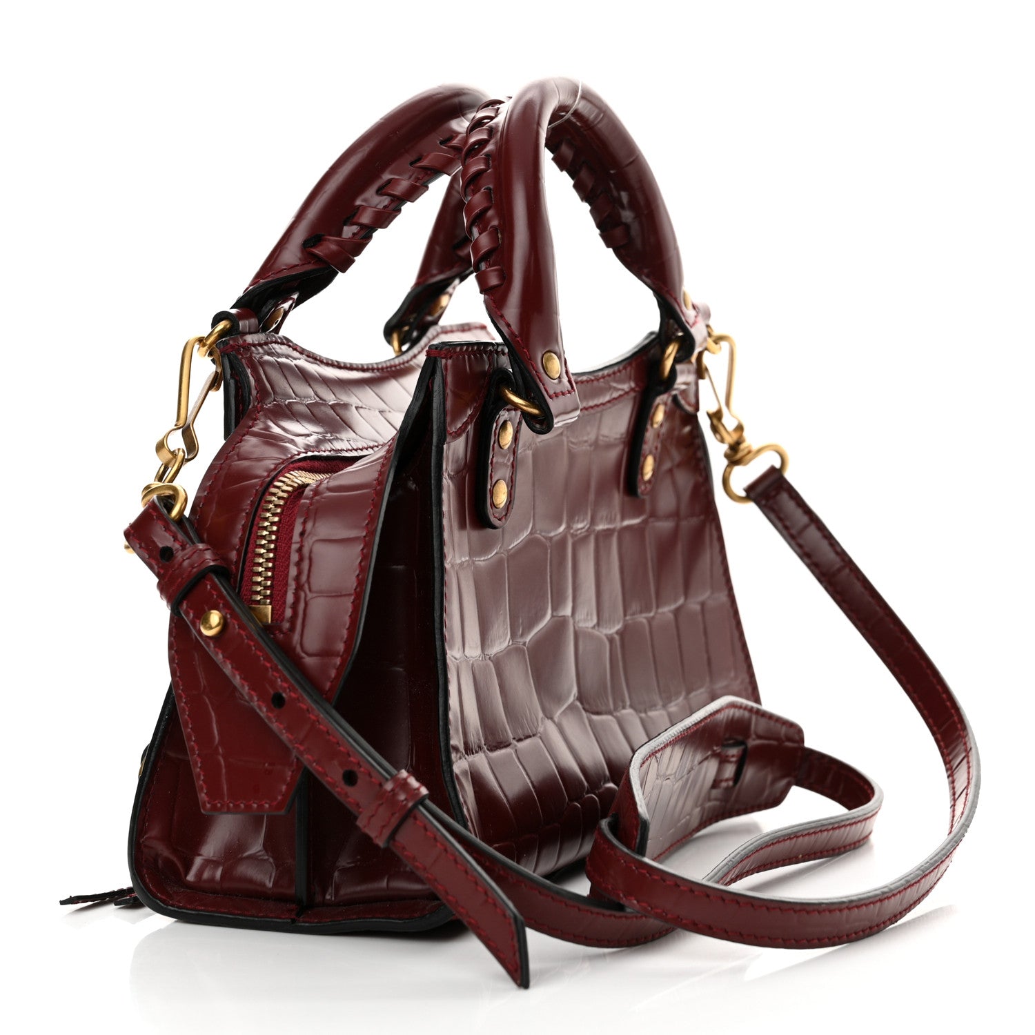 Balenciaga Semi Shiny Calfskin Crocodile Embossed Neo Classic Gold Hardware Mini City Dark Red 3 of 12