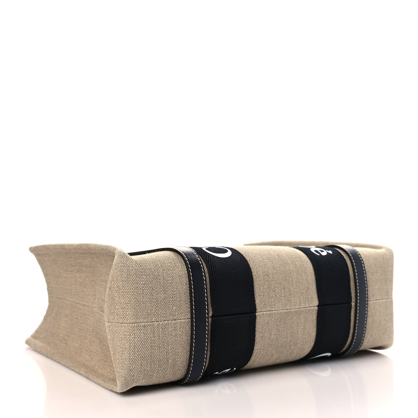 Linen Calfskin Medium Woody Ribbon Tote Black Blue