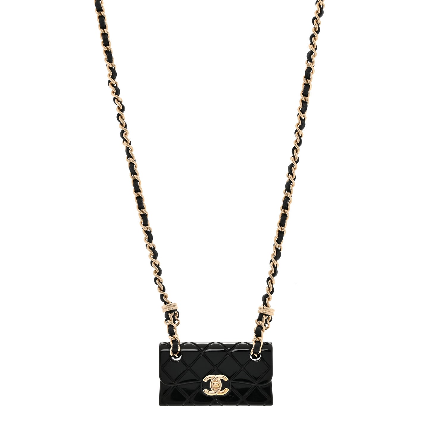 Metal Resin Calfskin Quilted CC Turnlock Chain Bag Necklace Gold Black
