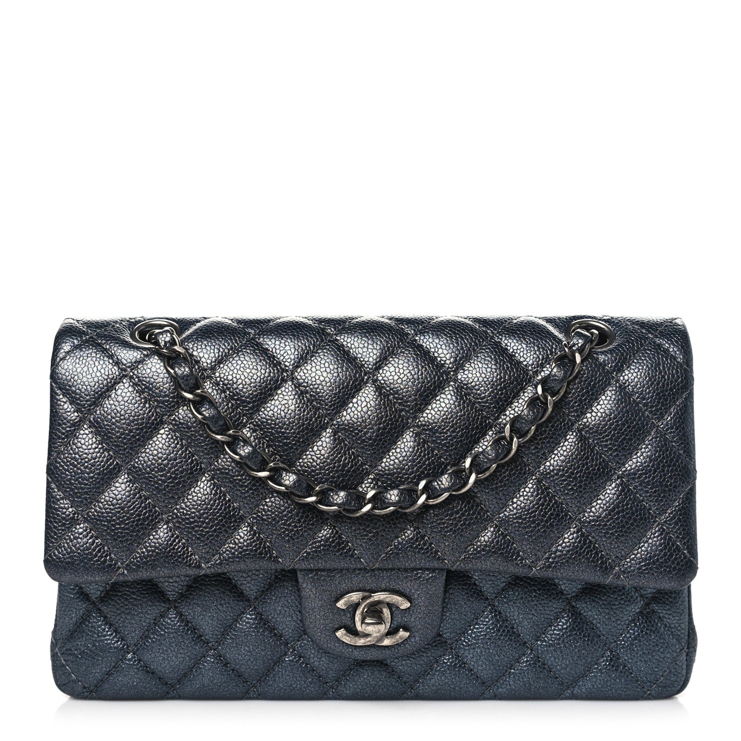 Pearly Caviar Quilted Medium Double Flap Grey