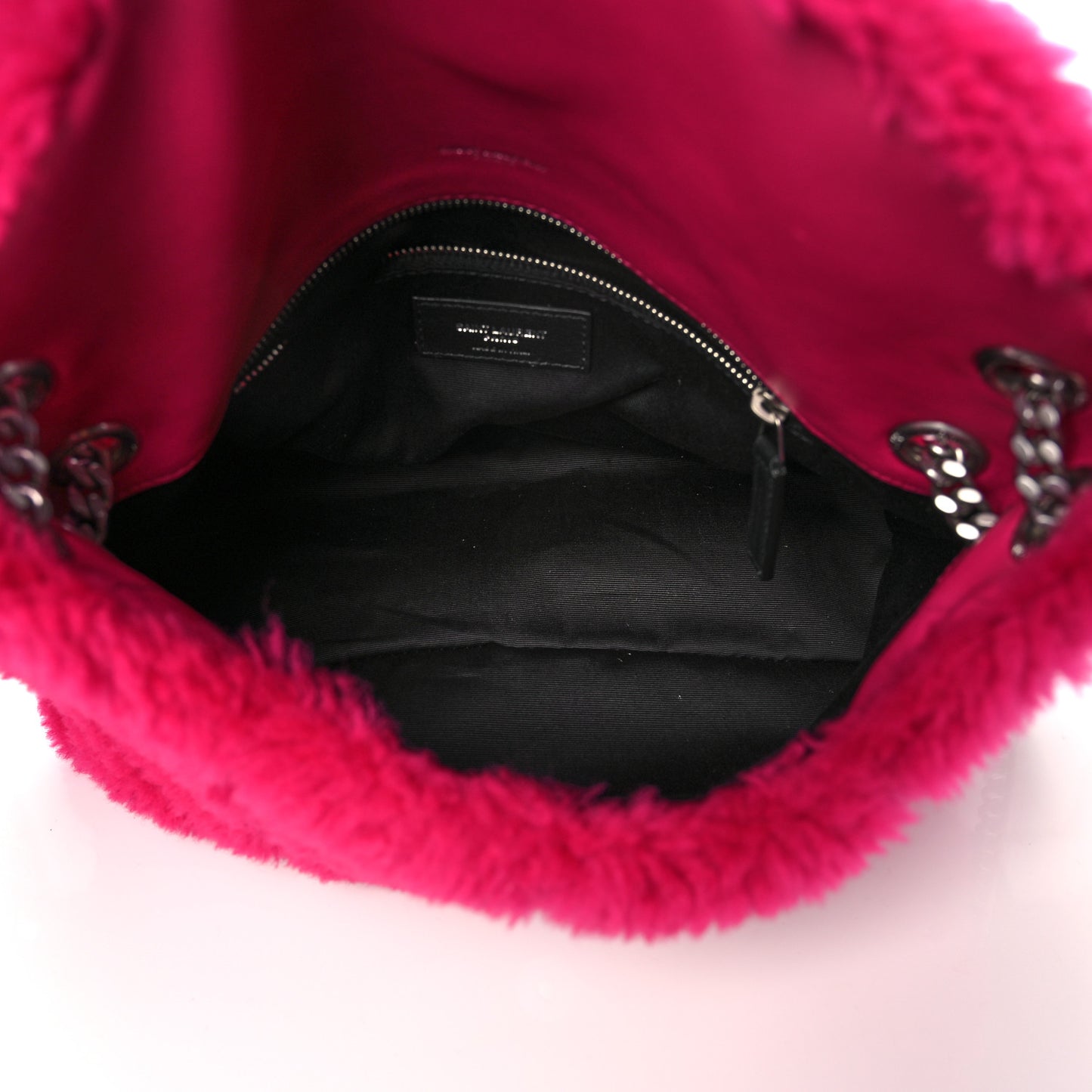 Merino Shearling Lambskin Quilted Small Loulou Puffer Monogram Chain Satchel Fuchsia