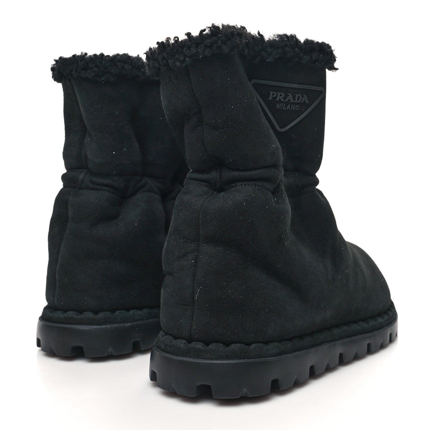 Prada Shearling Triangle Logo Drawcord 20mm Ankle Boots 36.5 Black 4 of 6