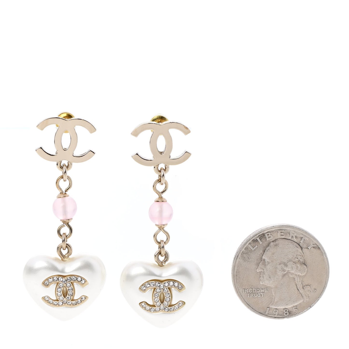 Metal Pearl Crystal Bead CC Heart Drop Earrings Pink Gold