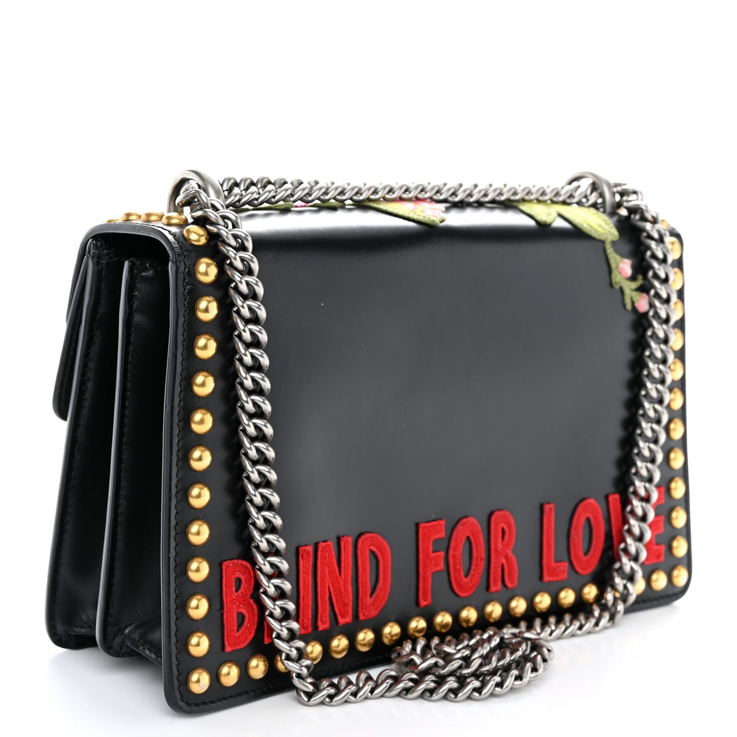 Calfskin Floral Embroidered Studded Small Dionysus Shoulder Bag Black