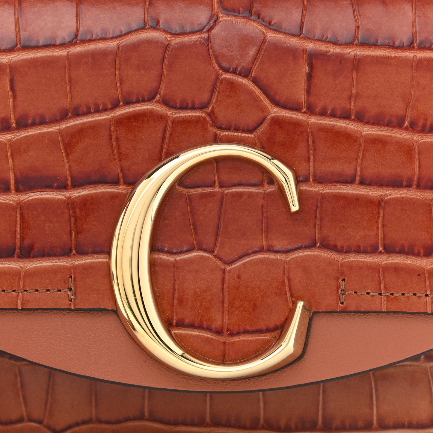 Calfskin Crocodile Embossed Mini C Double Carry Chestnut Brown