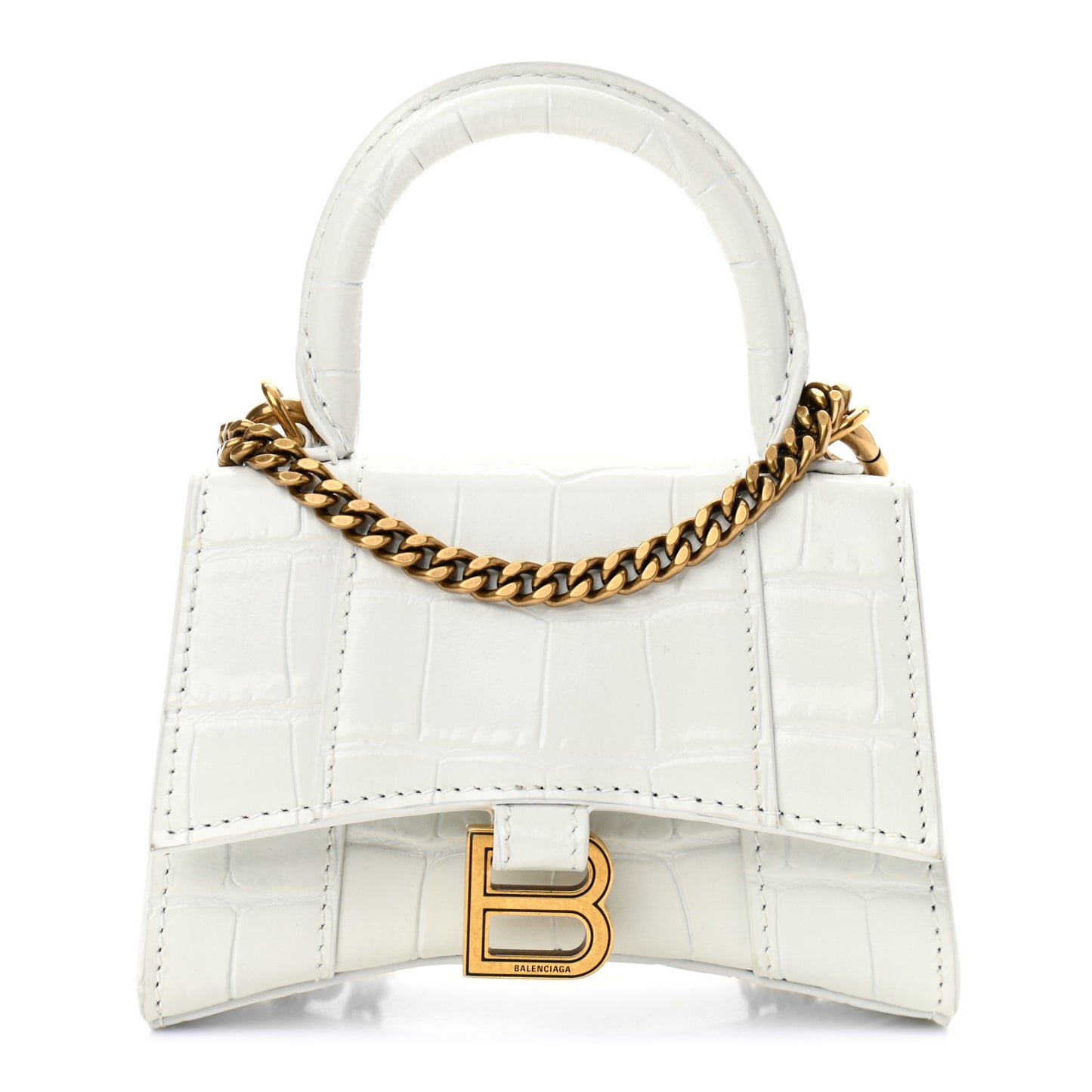 Shiny Calfskin Crocodile Embossed Hourglass Top Handle Bag Mini with Chain White
