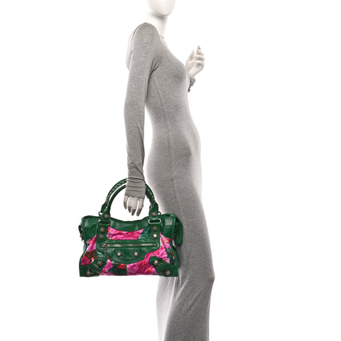 Chevre Satin Giant 21 Silver Hardware City Green Floral