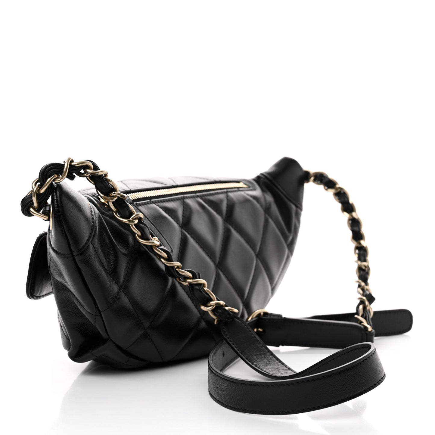 Shiny Aged Calfskin Quilted CC Pockets Jacket Waist Belt Bag Black
