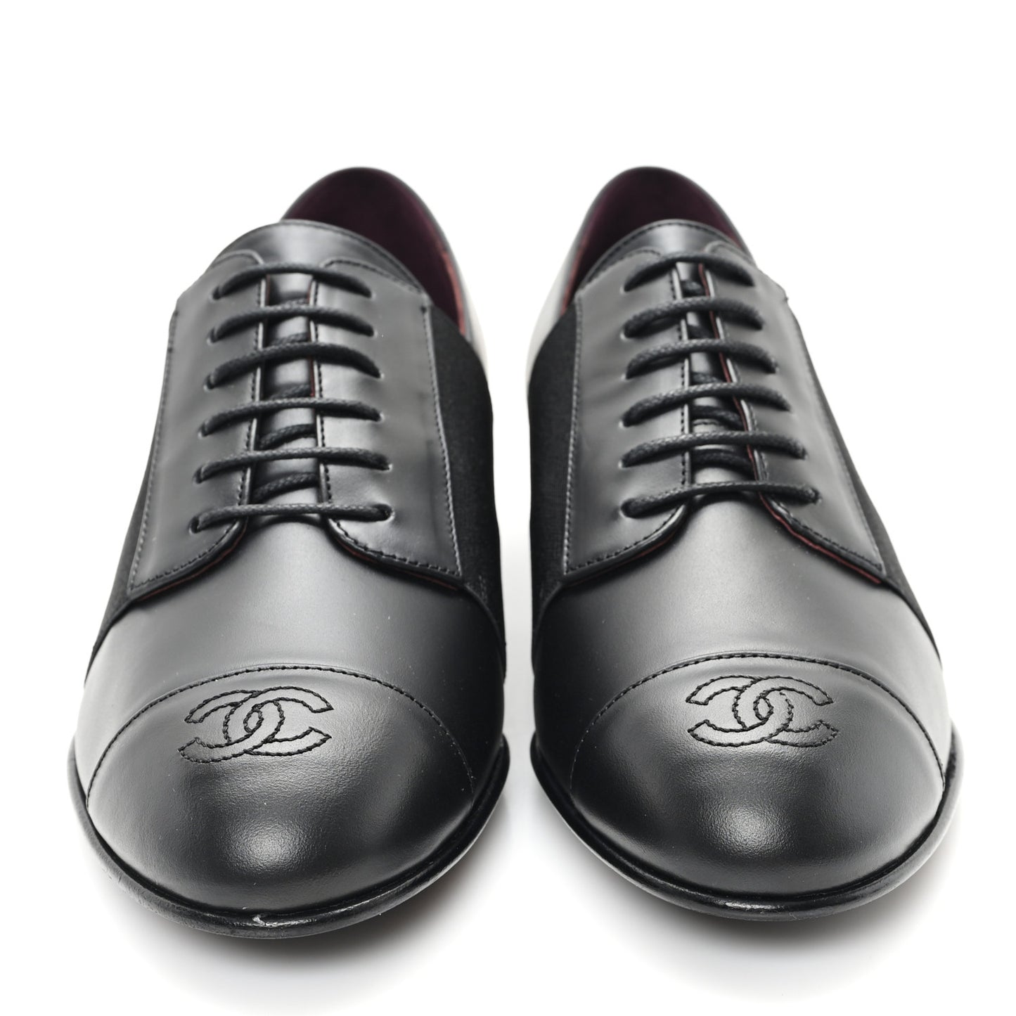 Calfskin Elastic Lace Up Cap Toe CC Loafers 36.5 Black