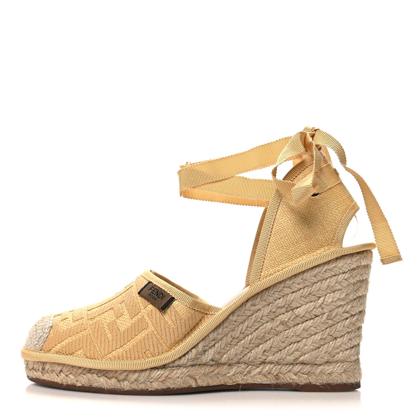 Rafia FF Embroidered Roma Ankle Wrap Espadrille Wedges 39 Natural
