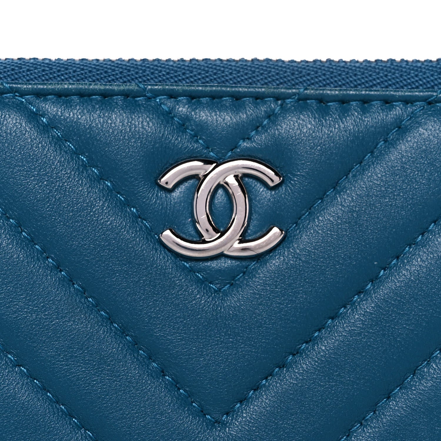 Chanel Lambskin Chevron Quilted Studded Small Cosmetic Case Blue 14 of 14