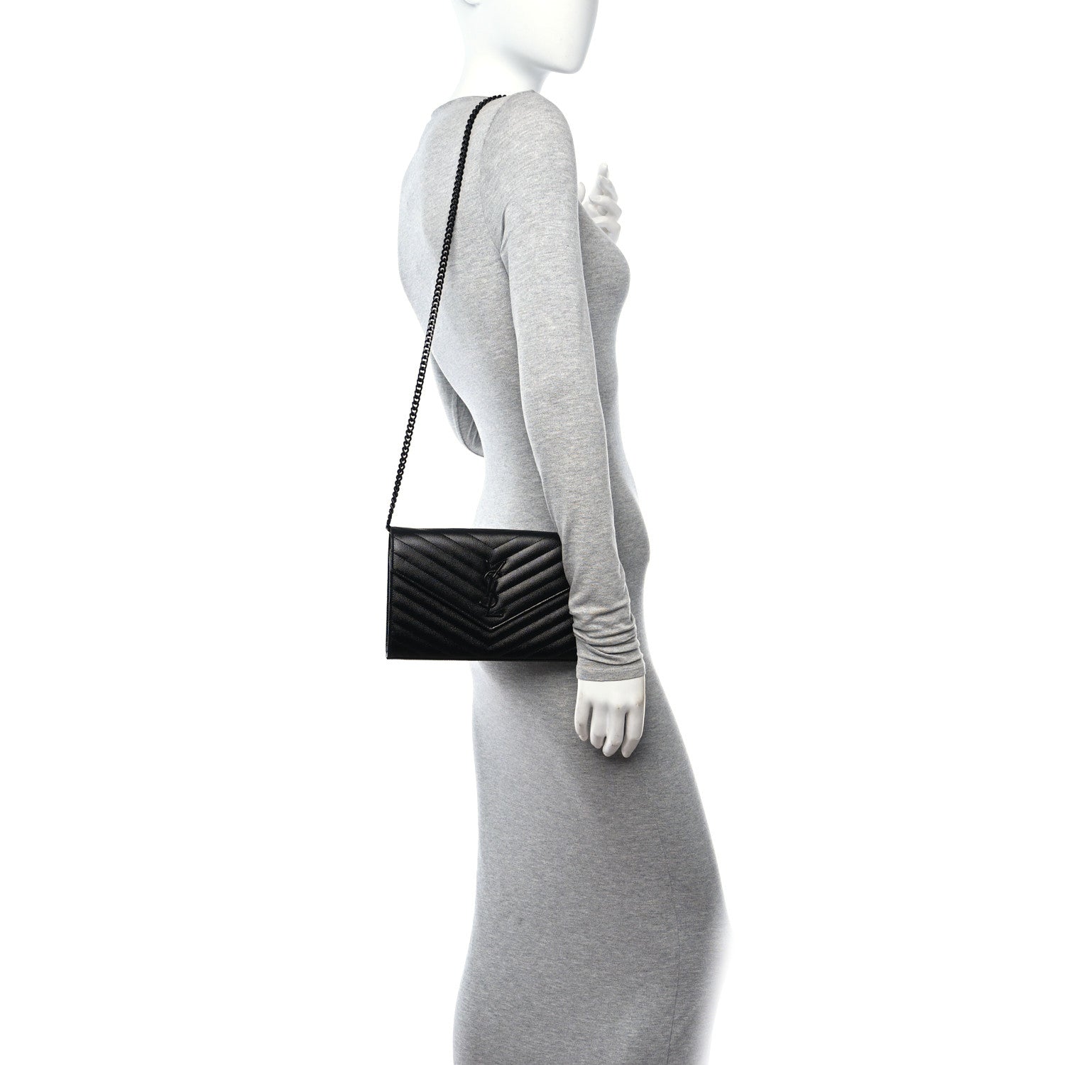 Saint Laurent Grain De Poudre Matelasse Chevron Monogram Monochrome Chain Wallet Black 2 of 11