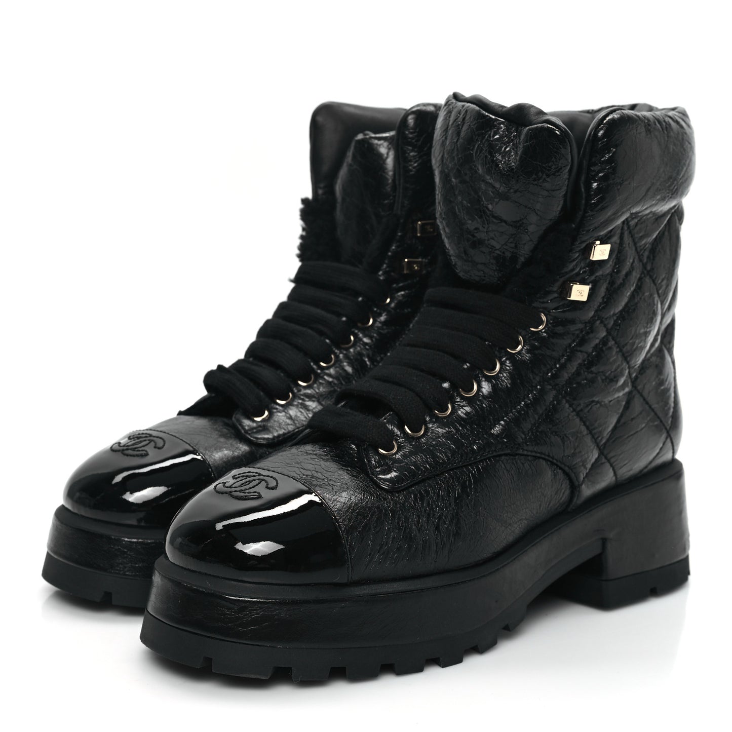 Crumpled Patent Lambskin Calfskin Quilted Lace Up Combat Boots 41.5 Black