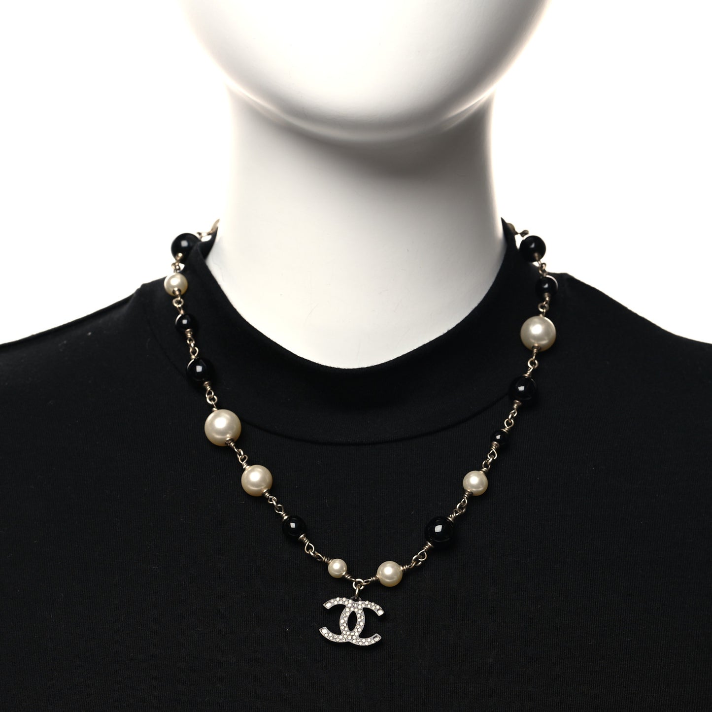 Pearl Crystal Bead CC Necklace Silver Black
