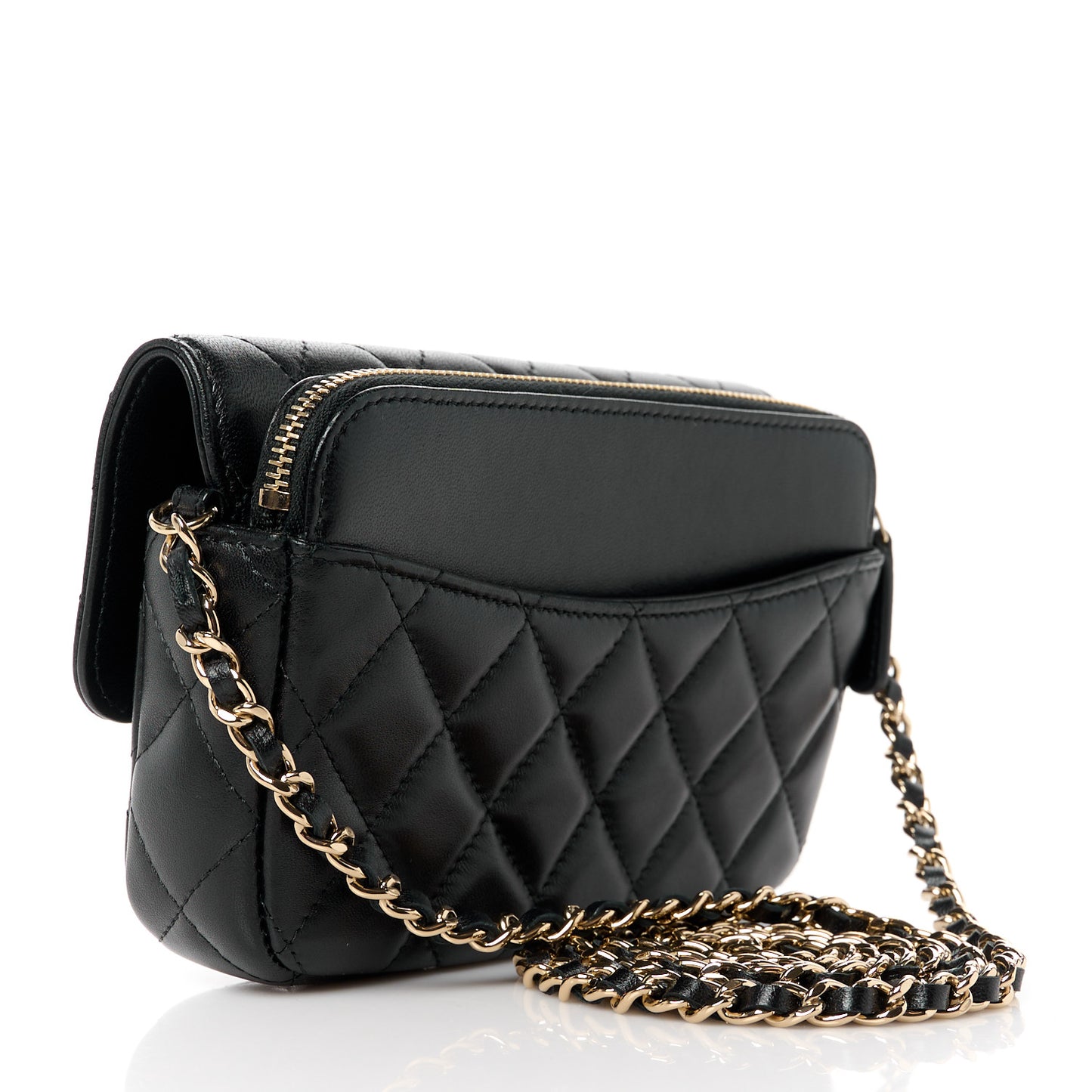 Lambskin Quilted Flap Phone Holder With Chain Black