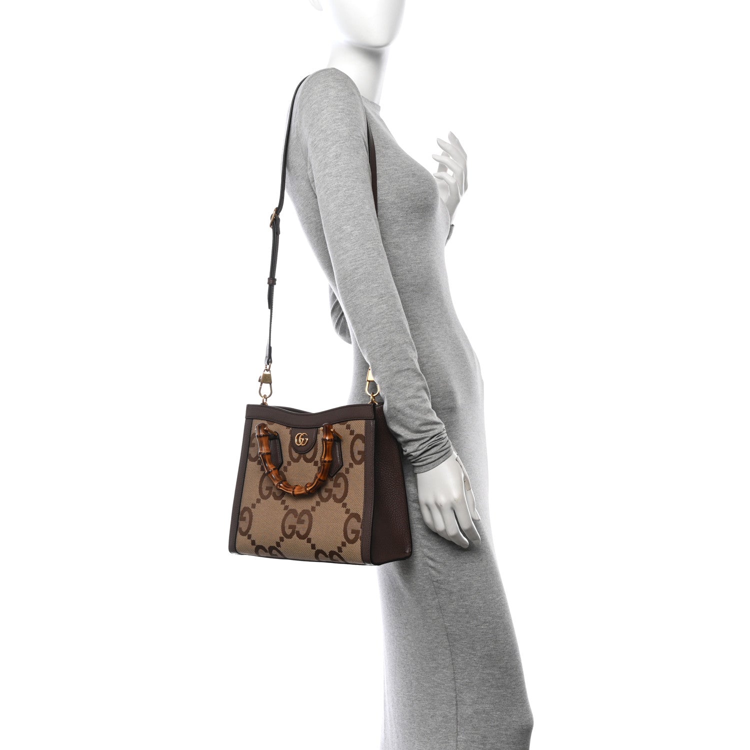 Gucci Monogram Jumbo GG Textured Dollar Calfskin Small Diana Tote Bag Camel Ebony New Acero 2 of 10