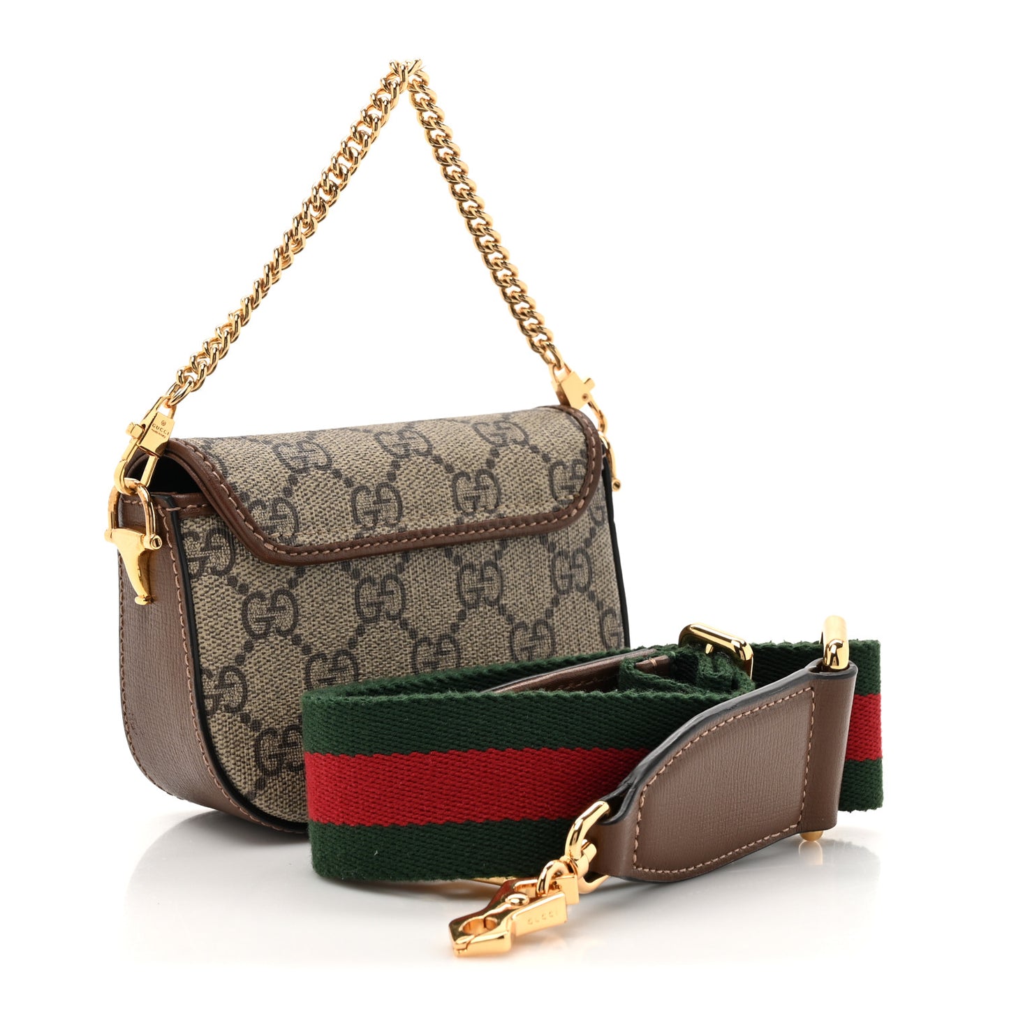 GG Supreme Monogram Azalea Calfskin Web Horsebit 1955 Wallet On Strap Beige Ebony Brown Sugar