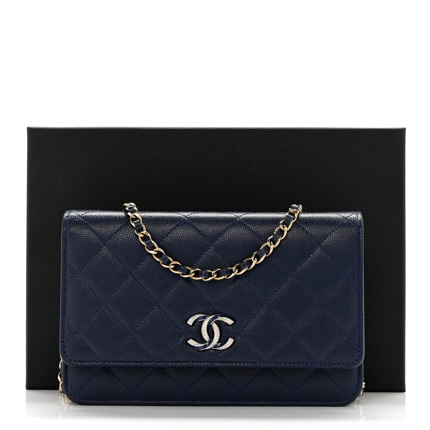 Caviar Quilted Crystal Enamel CC Wallet On Chain WOC Navy