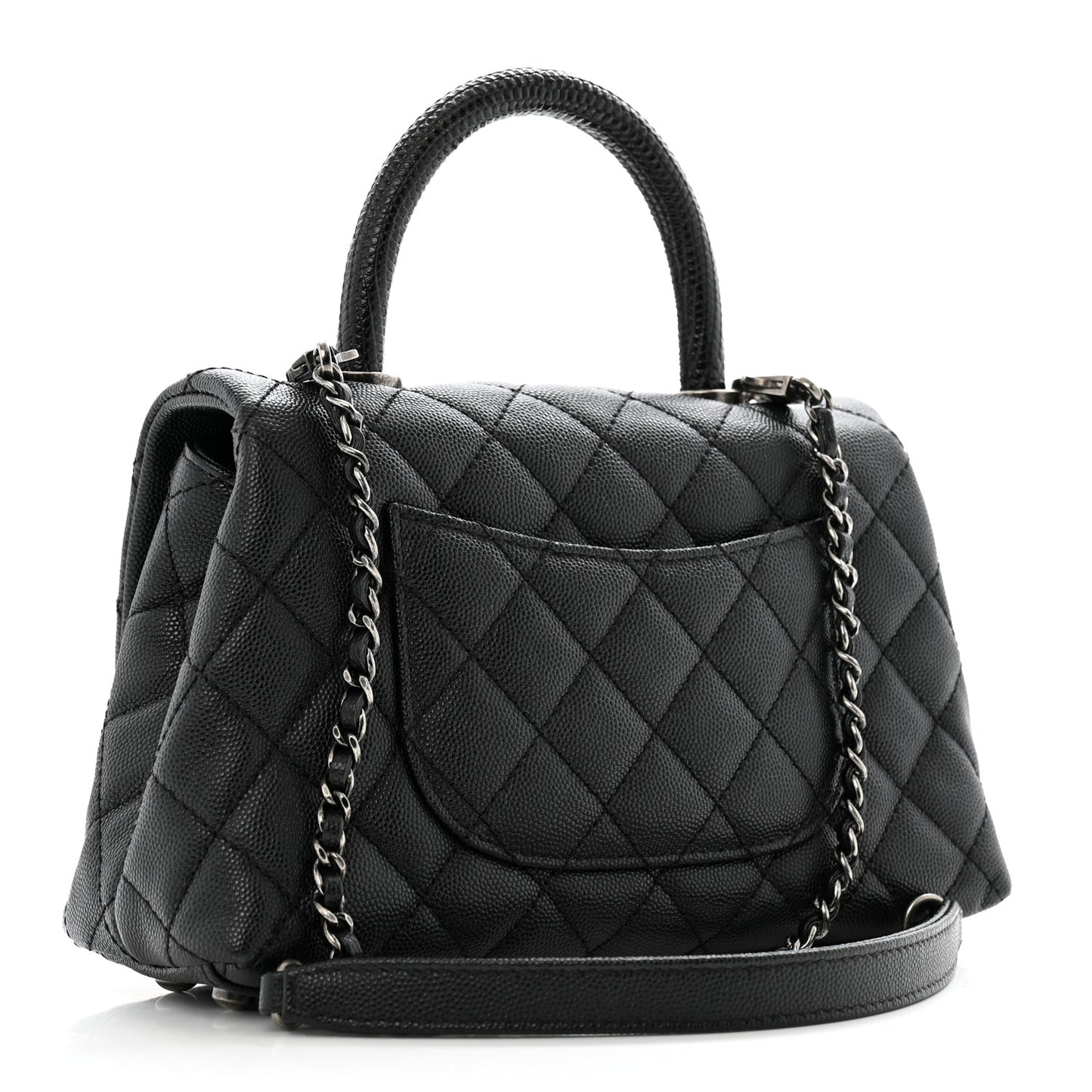 Caviar Lizard Embossed Quilted Mini Coco Handle Flap Black