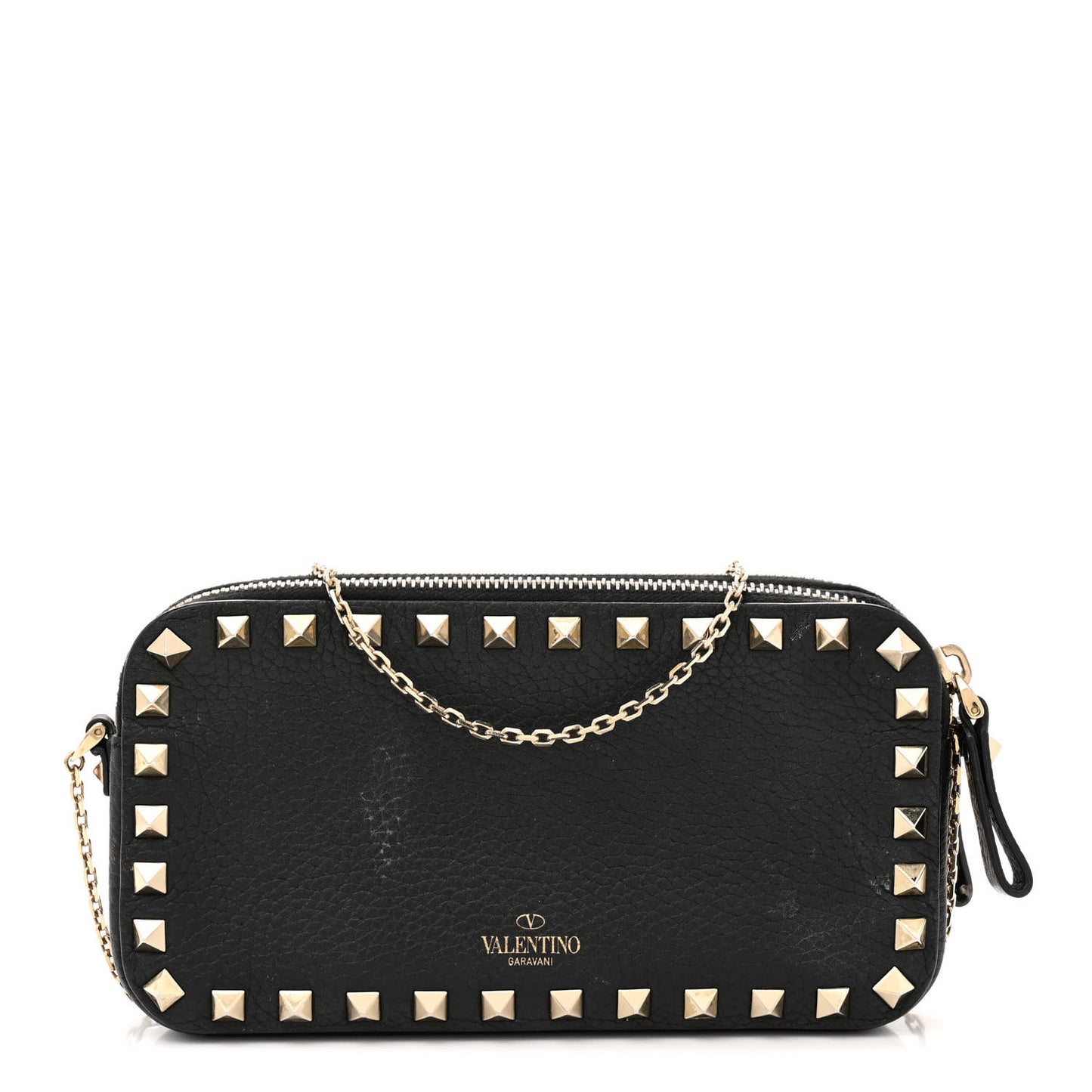 Pebbled Calfskin Rockstud Small Chain Shoulder Bag Black