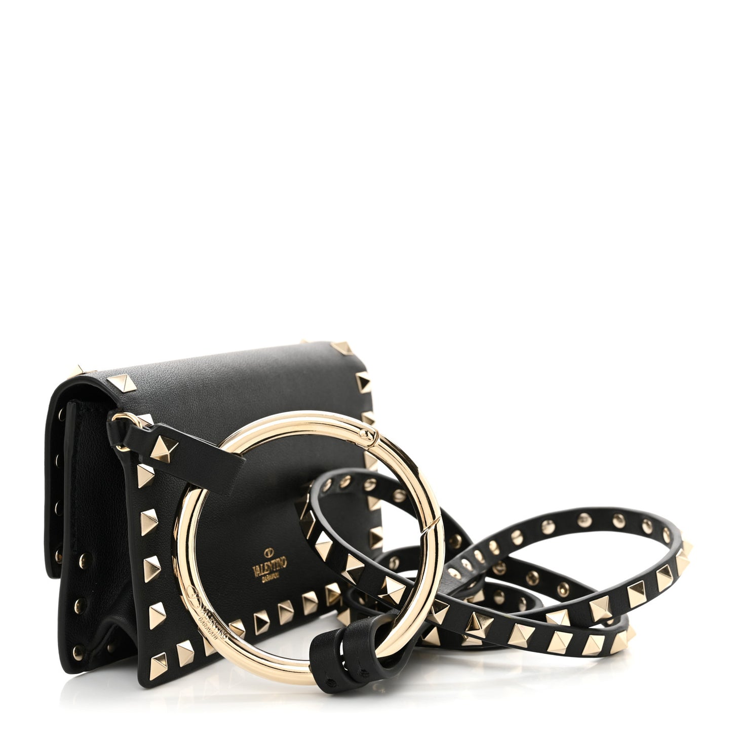Calfskin Rockstud Flap Wallet On Strap Black
