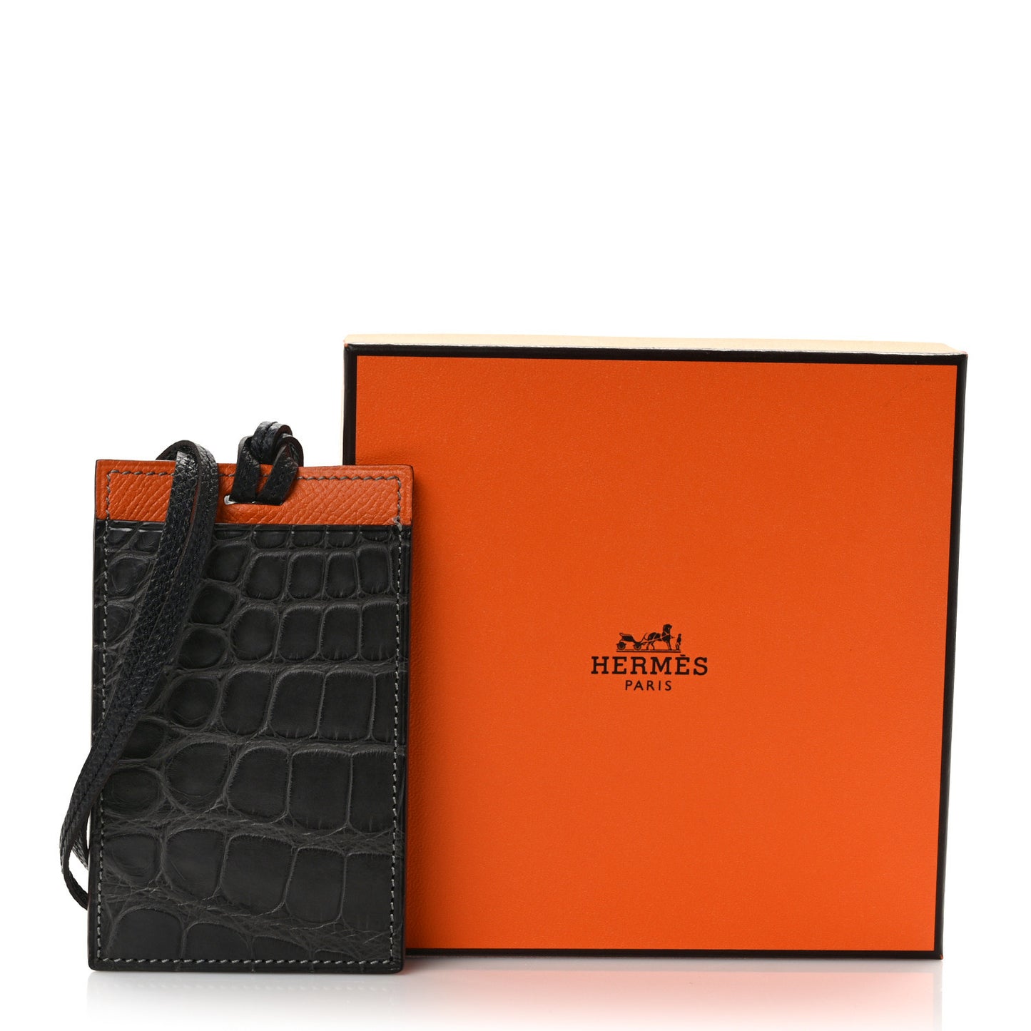 Matte Crocodile Epsom Petit H Lanyard Card Holder Graphite Orange