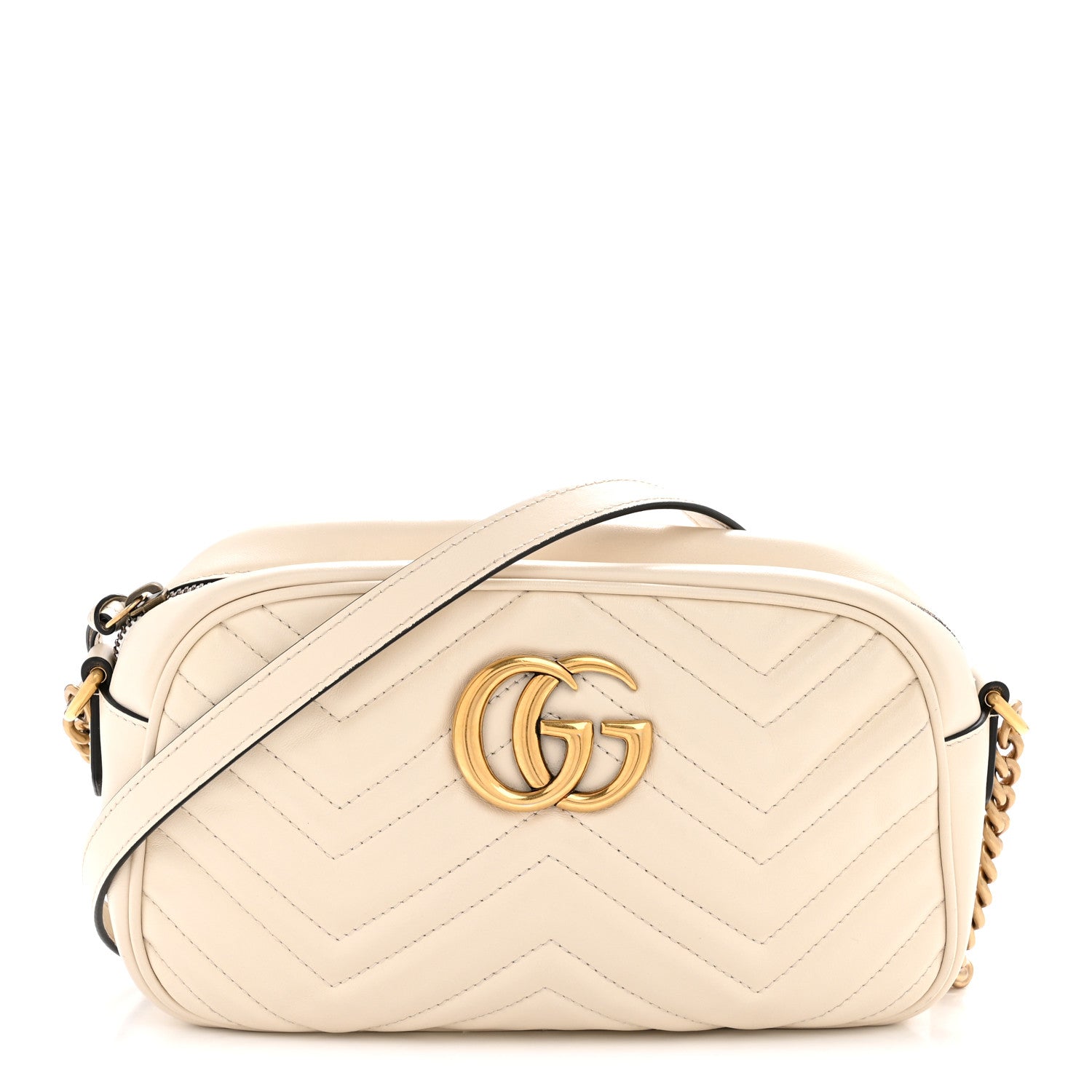 Gucci Calfskin Matelasse Small GG Marmont Chain Shoulder Bag White
