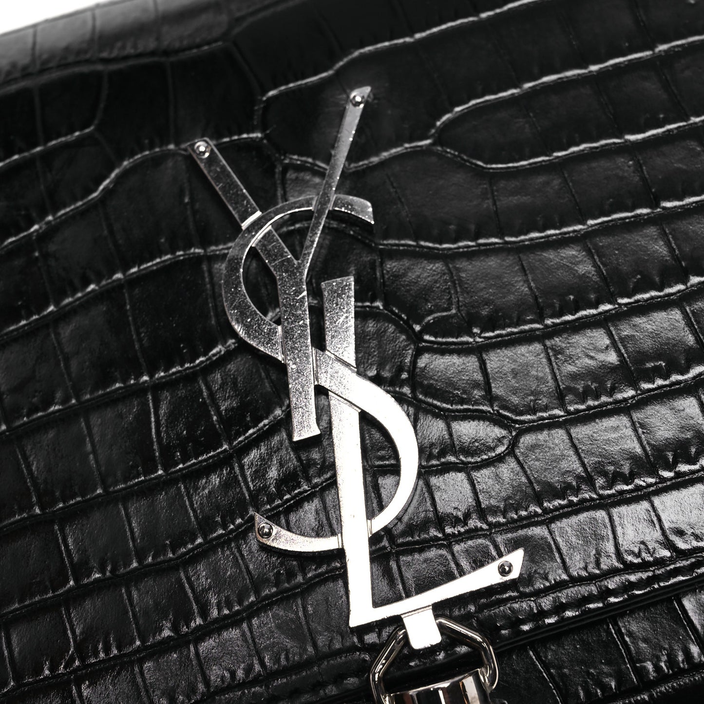 Calfskin Crocodile Embossed Small Classic Monogram Kate Tassel Satchel Black
