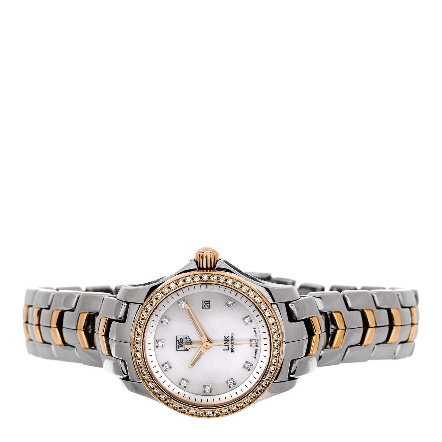 Stainless Steel 18K Yellow Gold Diamond Mother of Pearl 27mm Link Quartz Watch WJF1354