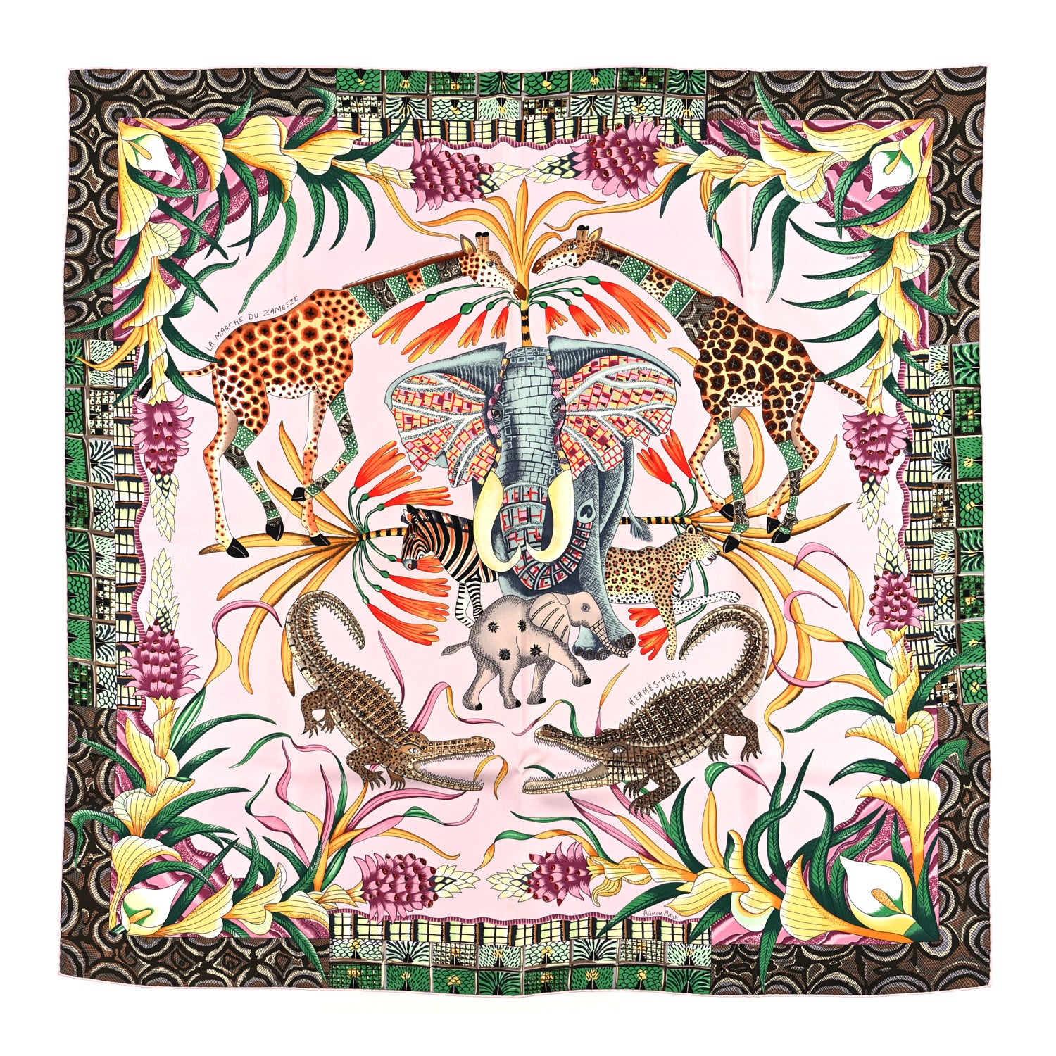 Hermes Silk La Marche Du Zambeze Scarf 90 Rose Pale Vert Jaune 1 of 3