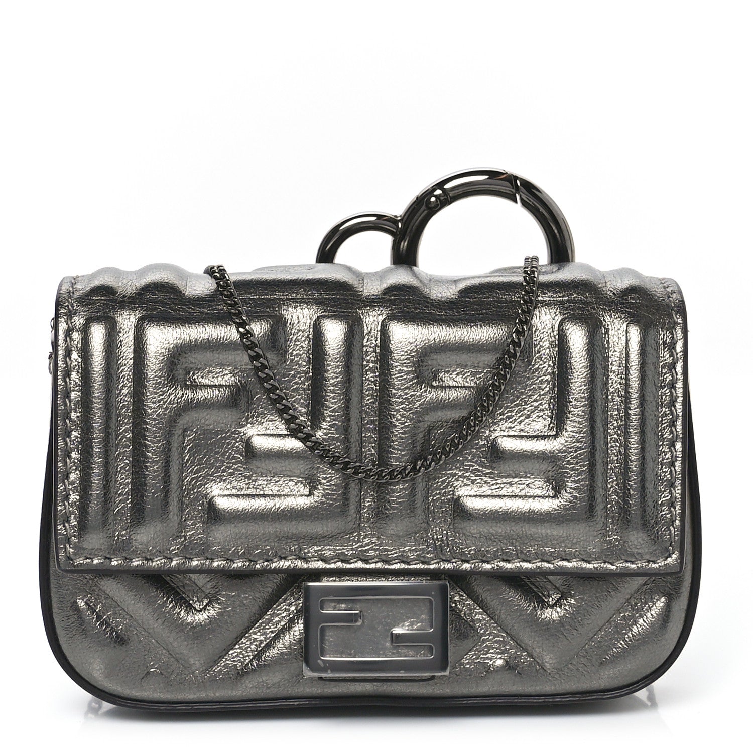 Fendi Vitello Catalan Mirror FF 1974 Embossed Nano Baguette Charm Graphite 1 of 8