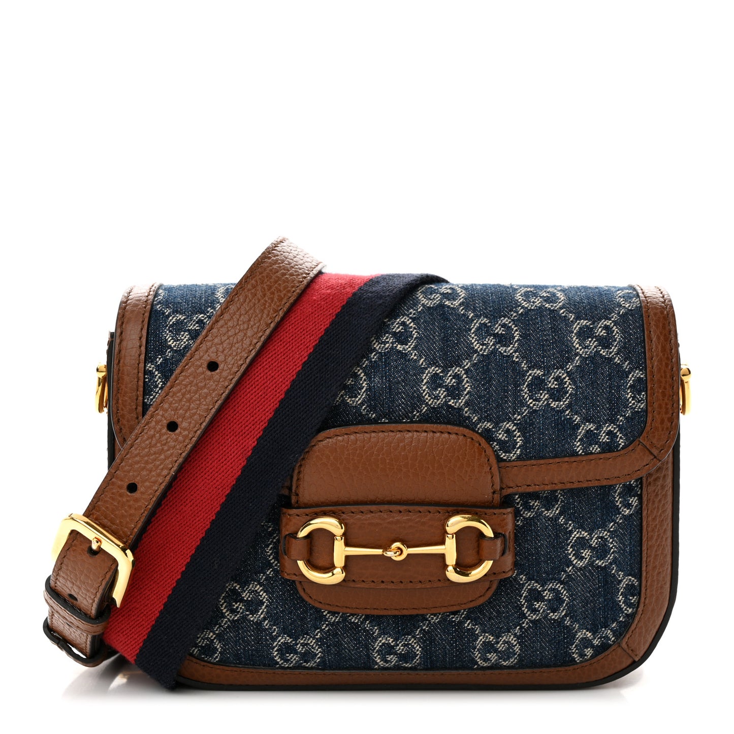 New Denim GG Monogram Dollar Calfskin Web Mini Horsebit 1955 Shoulder Bag Blue Tea Cuir Epilog