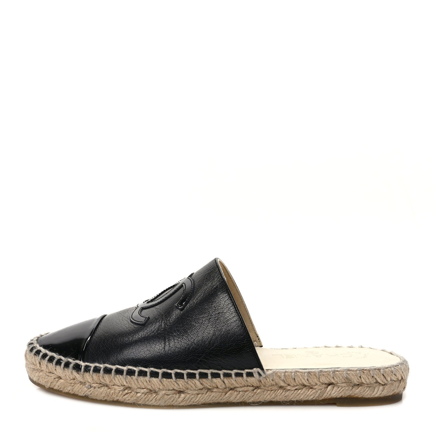 Iridescent Goatskin Patent CC Espadrille Mules 39 Black