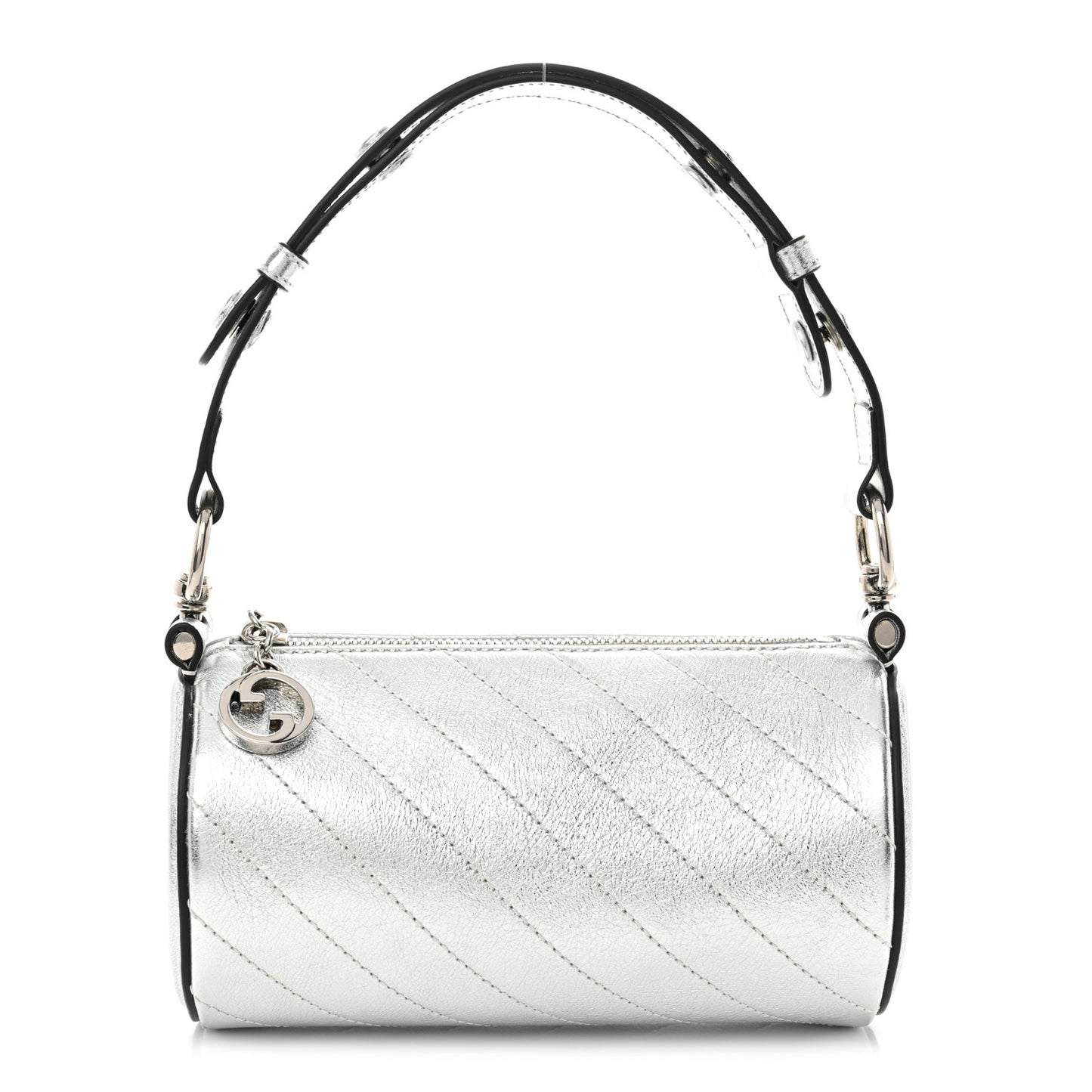 Sakai Be Green Calfskin Diagonal Stitched Mini Blondie Barrel Shoulder Bag Silver